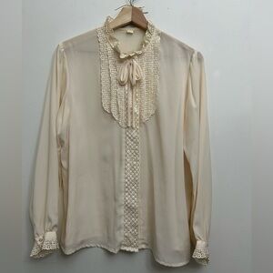 Vintage Victorian Edwardian Ivory Cream Lace trim Long Sleeve Ruffle Blouse